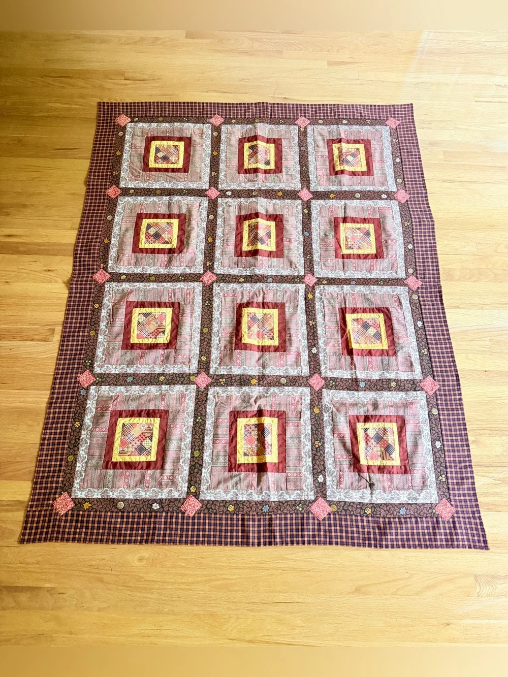 Vintage Handmade Patchwork Quilt Top Log Cabin Unfinished Craft Tablecloth 55x70